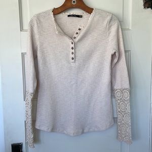 Beige ribbed long sleeve knit henley top with lace hem sleeves